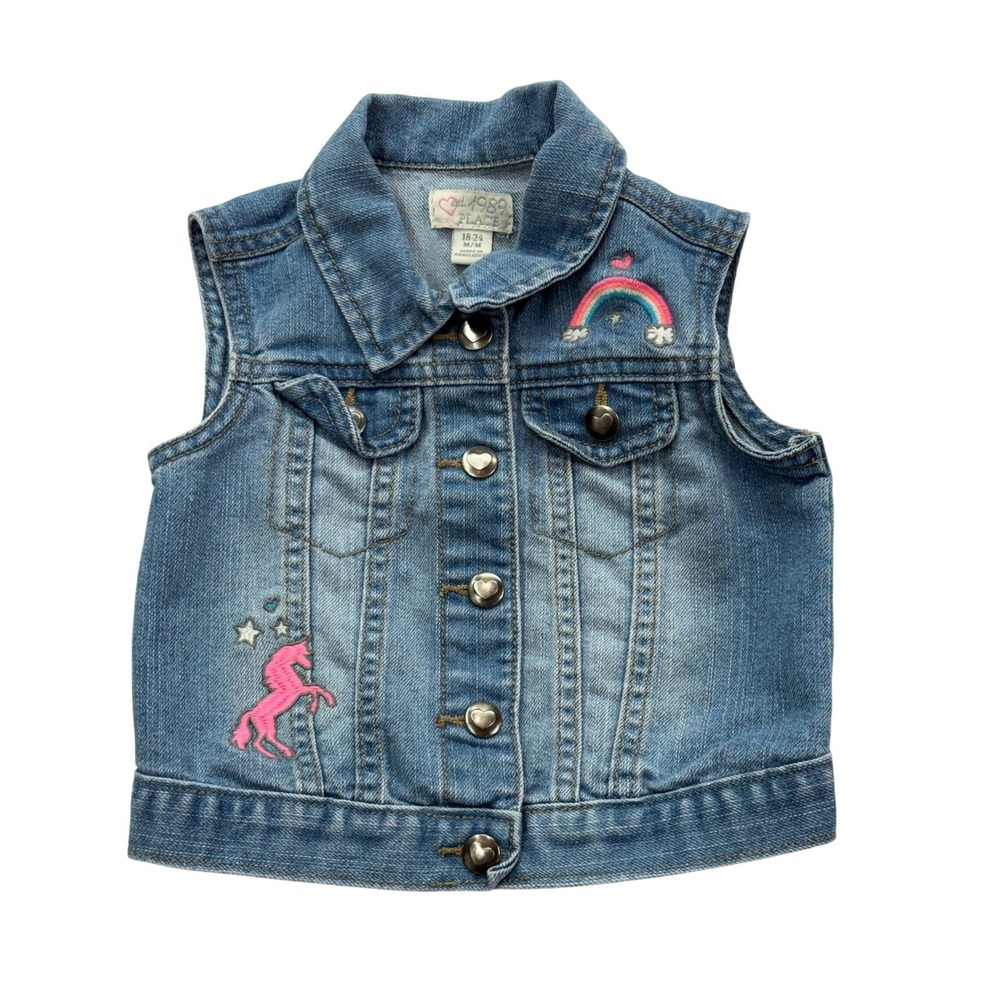 The Children's Place Denim Vest Toddler Girl 18-24M Blue Unicorn Rainbow Heart
